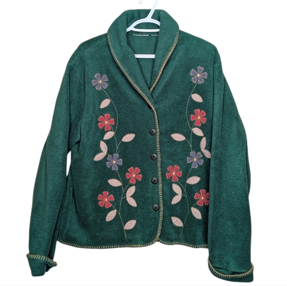 Vintage Floral Embroidered Green Fleece Button Down Cardigan Sweater Jacket L-XL - Picture 1 of 9
